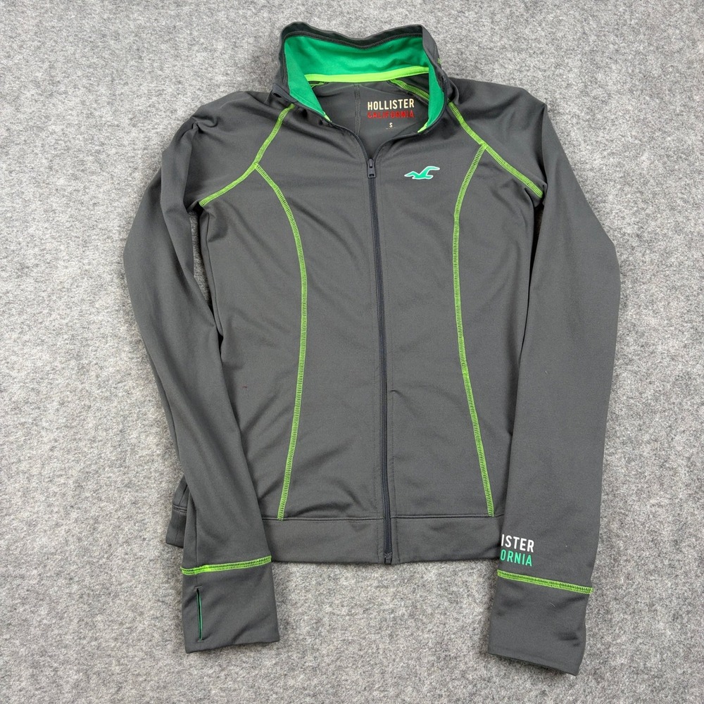 Hollister Track Jacket Womens Small Gray Neon Green Full Zip Athletic Y2K Gym